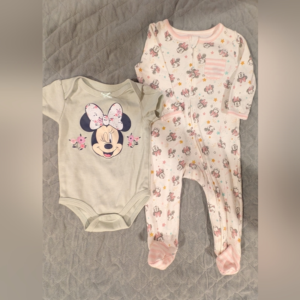 Disney 3-6M Minnie Mouse Baby One Piece Set - Sage Green and Pink